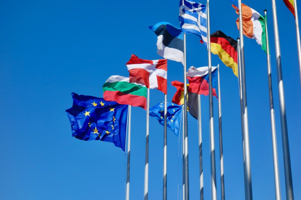 欧盟成员国的国旗悬挂在一座政府大楼外。