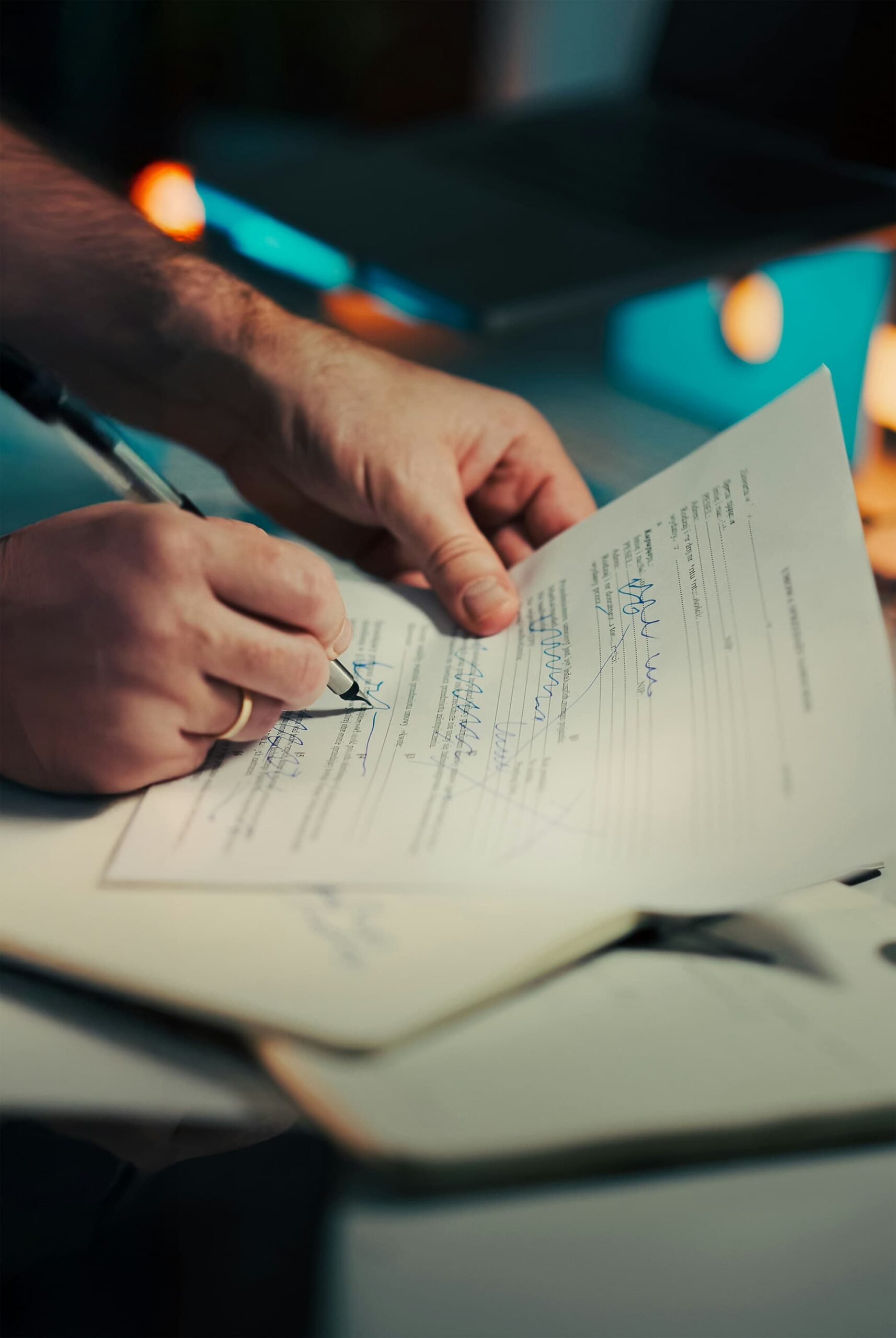 Gros plan sur une personne en train de signer des papiers à l'aide d'un stylo, tout en tenant plusieurs documents sur un bureau, sous un éclairage intérieur chaleureux.